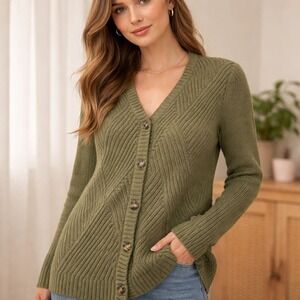 Cabi Aerial Cardigan #3536 Size S Olive Green Diagonal Ribbed Knit Long Duster